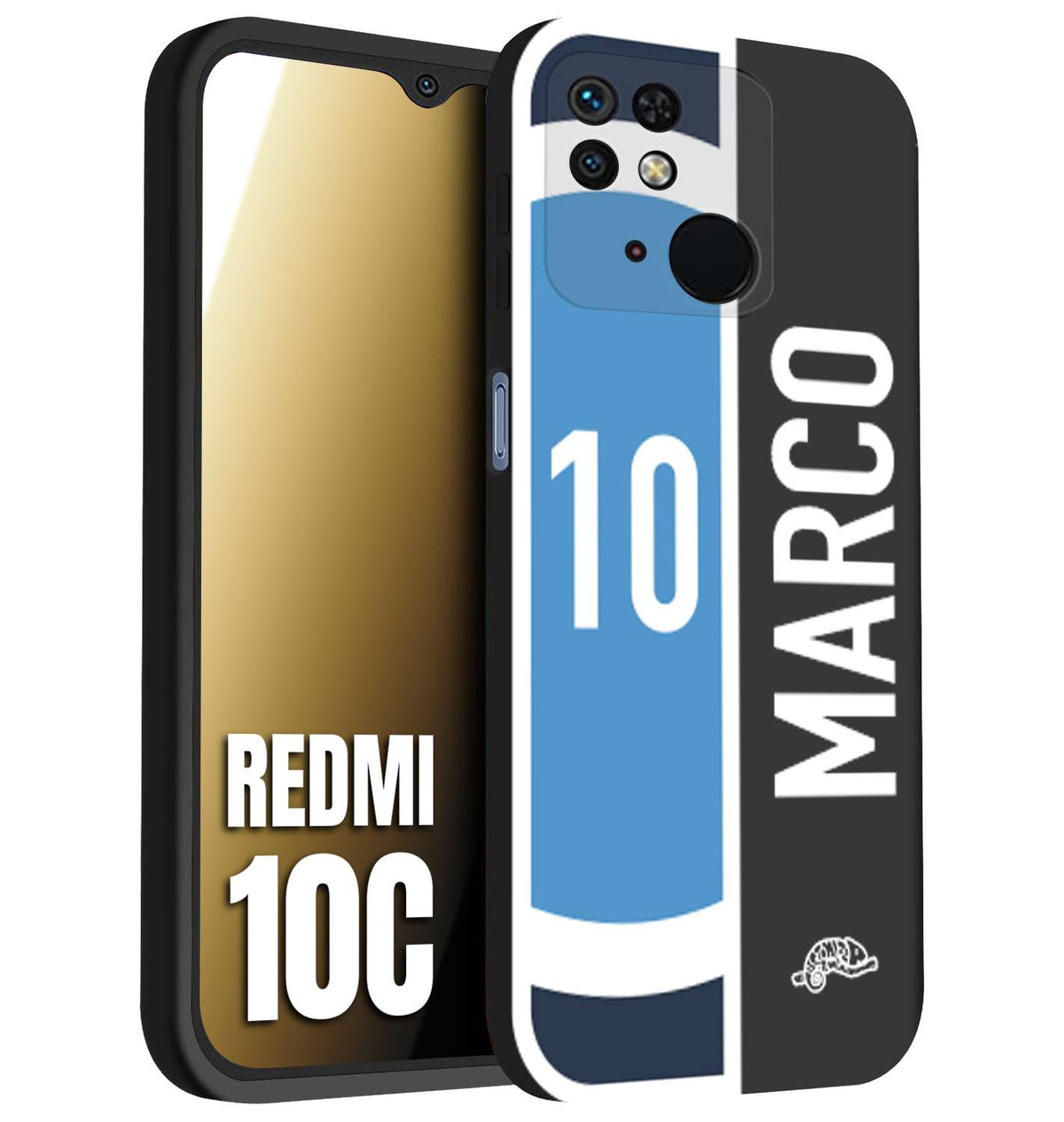 CUSTOMIZZA - Custodia cover nera morbida in tpu compatibile per Xiaomi Redmi 10C personalizzata calcio football nome e numero calciatori biancoazzurri bianco celesti