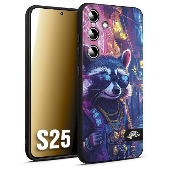 CUSTOMIZZA - Custodia cover nera morbida in tpu compatibile per Samsung S25 animali simpatici cyberpunk procione racoon street cat fucsia blu giallo