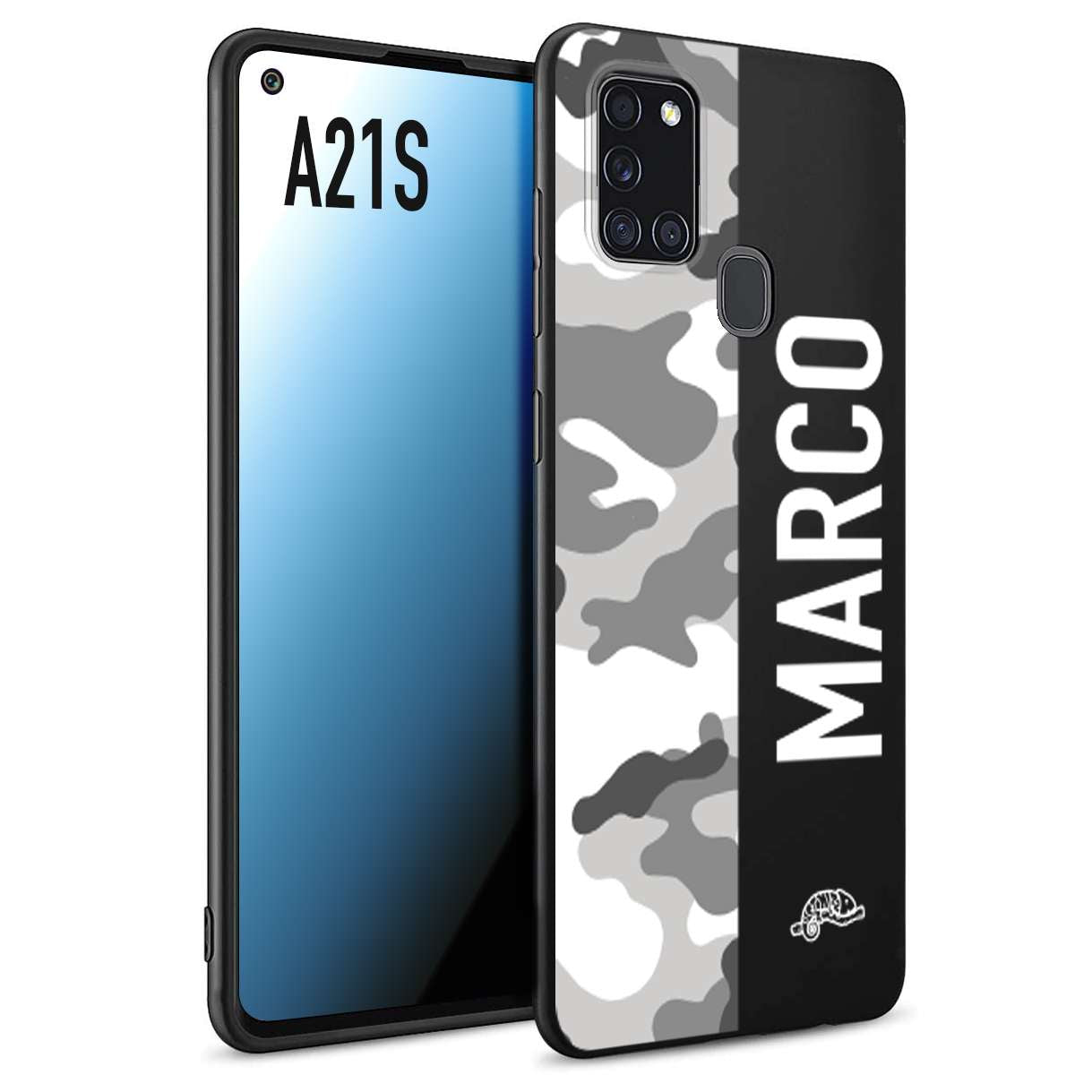 CUSTOMIZZA - Custodia cover nera morbida in tpu compatibile per Samsung A21S camouflage mimetico militare personalizzata nome bianco