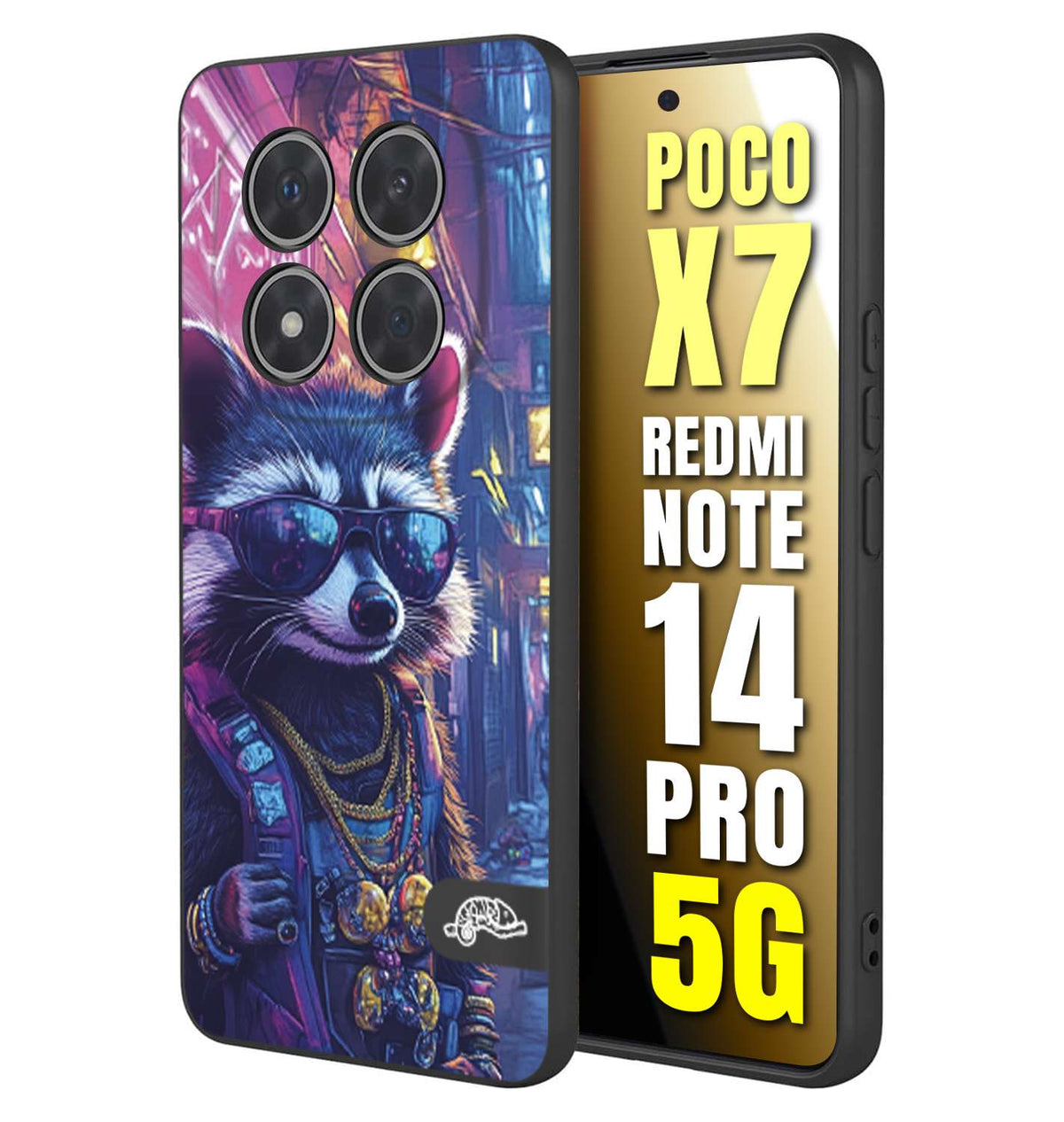 CUSTOMIZZA - Custodia cover nera morbida in tpu compatibile per Xiaomi Redmi Note 14 PRO 5G animali simpatici cyberpunk procione racoon street cat fucsia blu giallo