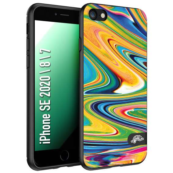 CUSTOMIZZA - Custodia cover nera morbida in tpu compatibile per iPhone 7 - 8 - SE 2020 / 2022 colorata fantasia vortice marmo arcobaleno gialla verde blu