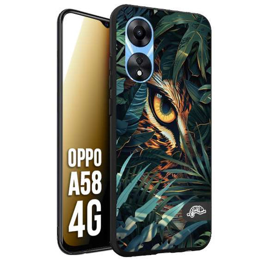CUSTOMIZZA - Custodia cover nera morbida in tpu compatibile per Oppo A58 4G animali color giungla tropicale occhio di giaguaro felino disegnato