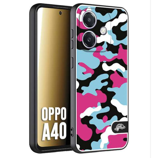 CUSTOMIZZA - Custodia cover nera morbida in tpu compatibile per Oppo A40 camouflage mimetico militare fucsia celeste