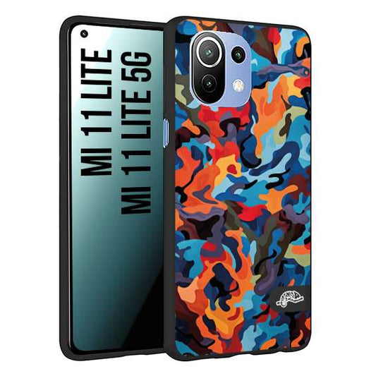 CUSTOMIZZA - Custodia cover nera morbida in tpu compatibile per Xiaomi Mi 11 Lite / Mi 11 Lite 5G camouflage mimetico militare moderno blu arancio rosso