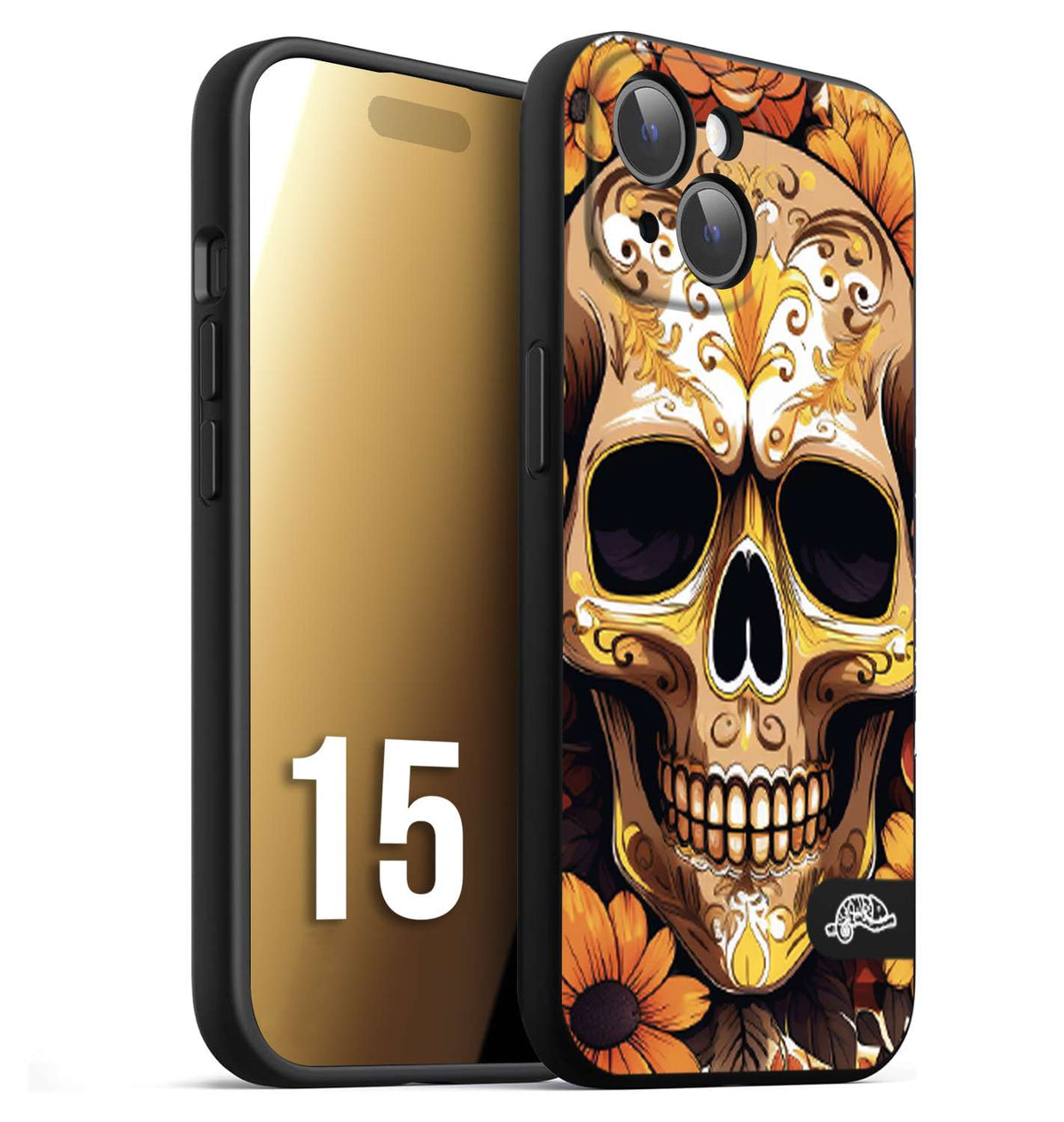 CUSTOMIZZA - Custodia cover nera morbida in tpu compatibile per iPhone 15 teschio messicano colorato dorato fiori tattoo disegnato