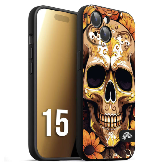 CUSTOMIZZA - Custodia cover nera morbida in tpu compatibile per iPhone 15 teschio messicano colorato dorato fiori tattoo disegnato