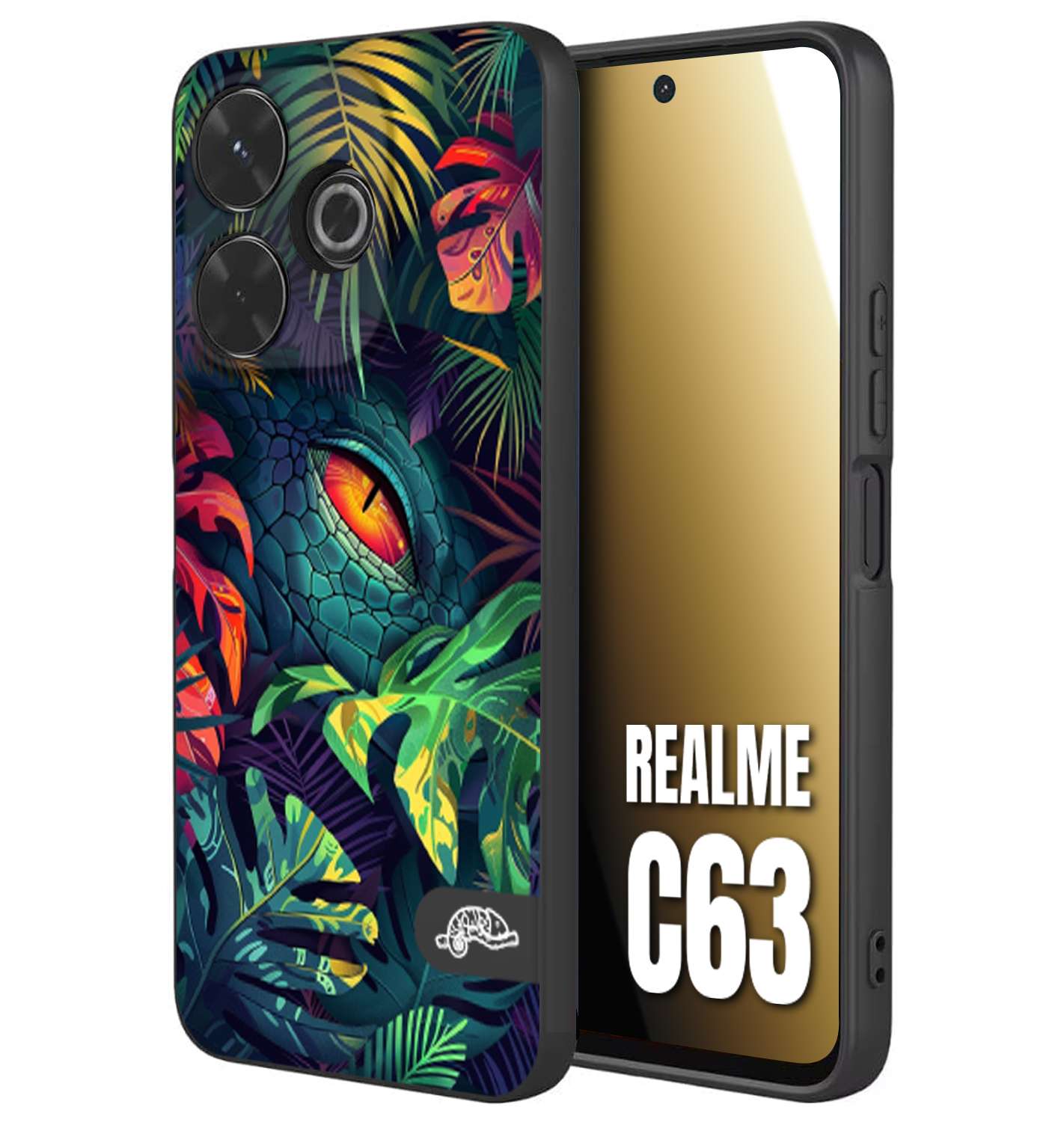 CUSTOMIZZA - Custodia cover nera morbida in tpu compatibile per Realme C63 animali color giungla tropicale occhio di coccodrillo alligatore disegnato