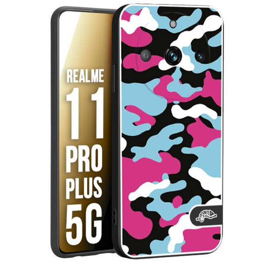 CUSTOMIZZA - Custodia cover nera morbida in tpu compatibile per Realme 11 PRO PLUS 5G camouflage mimetico militare fucsia celeste