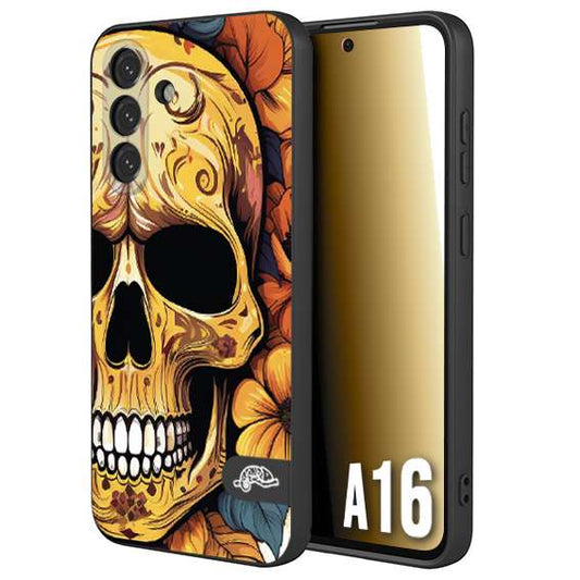 CUSTOMIZZA - Custodia cover nera morbida in tpu compatibile per Samsung A16 teschio messicano colorato dorato fiori autunnali disegnato