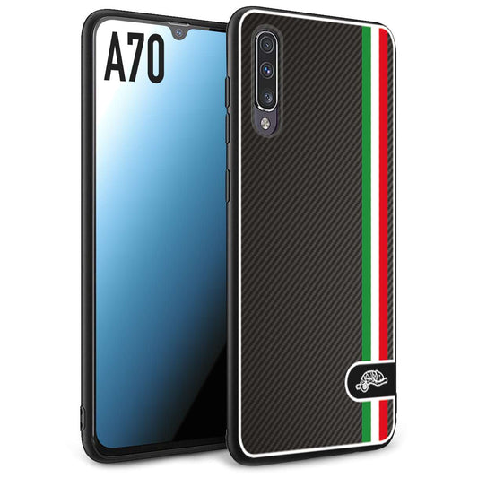 CUSTOMIZZA - Custodia cover nera morbida in tpu compatibile per Samsung A70 effetto fibra di carbonio bandiera Italia made in Italy