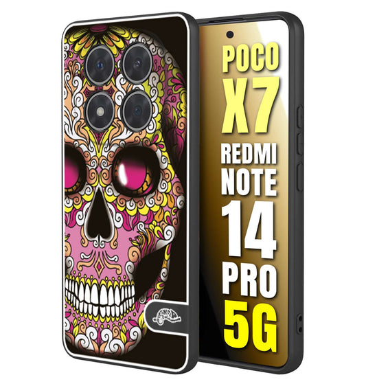 CUSTOMIZZA - Custodia cover nera morbida in tpu compatibile per Xiaomi Redmi Note 14 PRO 5G teschio messicano Mexican skull rosa gialla