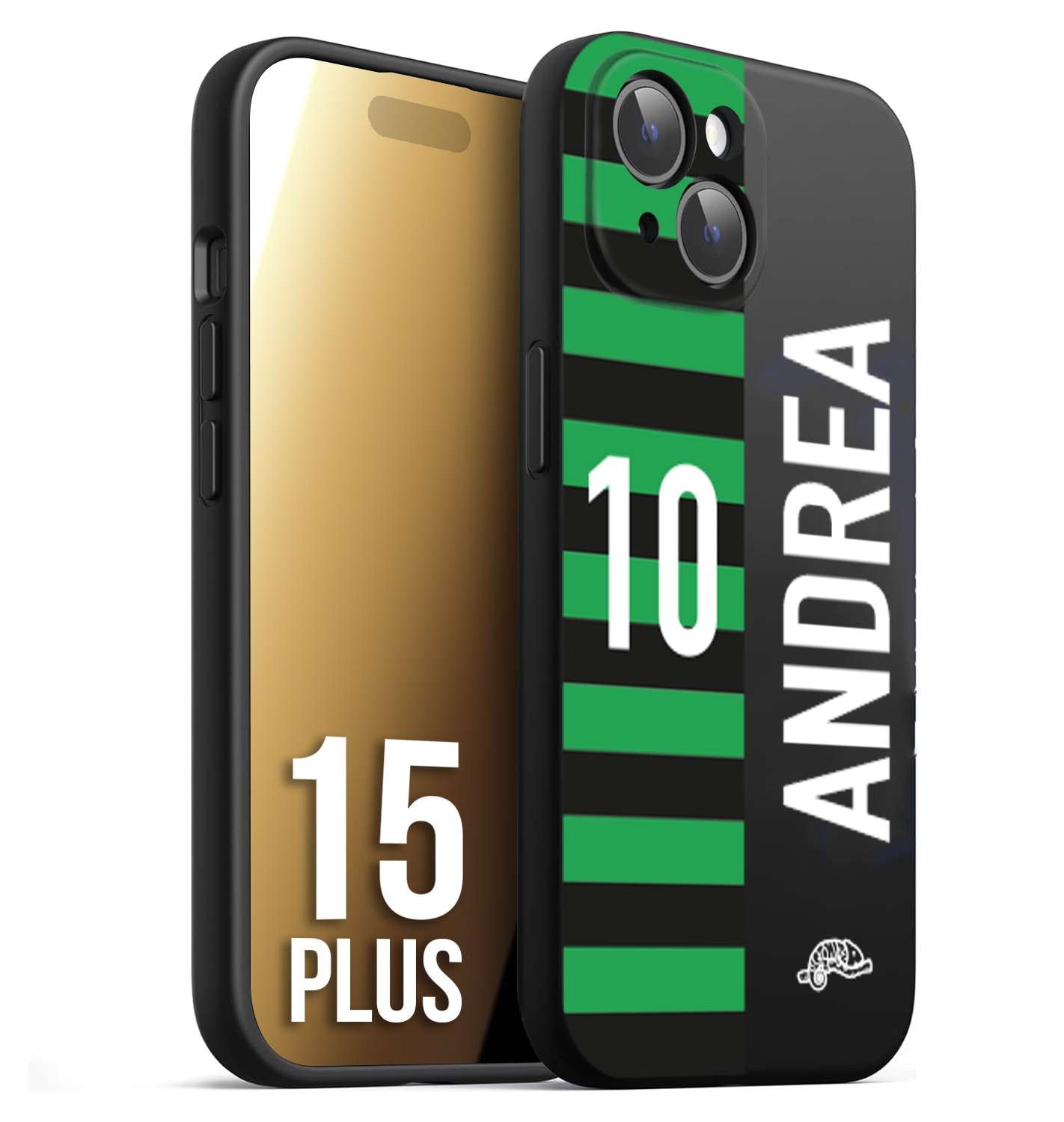 CUSTOMIZZA - Custodia cover nera morbida in tpu compatibile per iPhone 15 PLUS personalizzata calcio football nome e numero calciatori neroverde