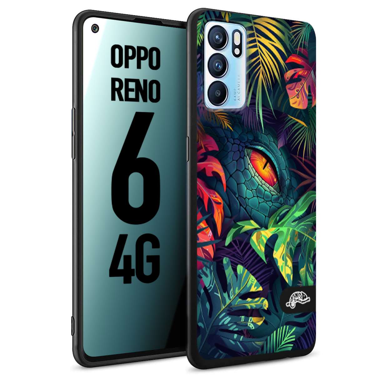 CUSTOMIZZA - Custodia cover nera morbida in tpu compatibile per Oppo Reno 6 4G animali color giungla tropicale occhio di coccodrillo alligatore disegnato