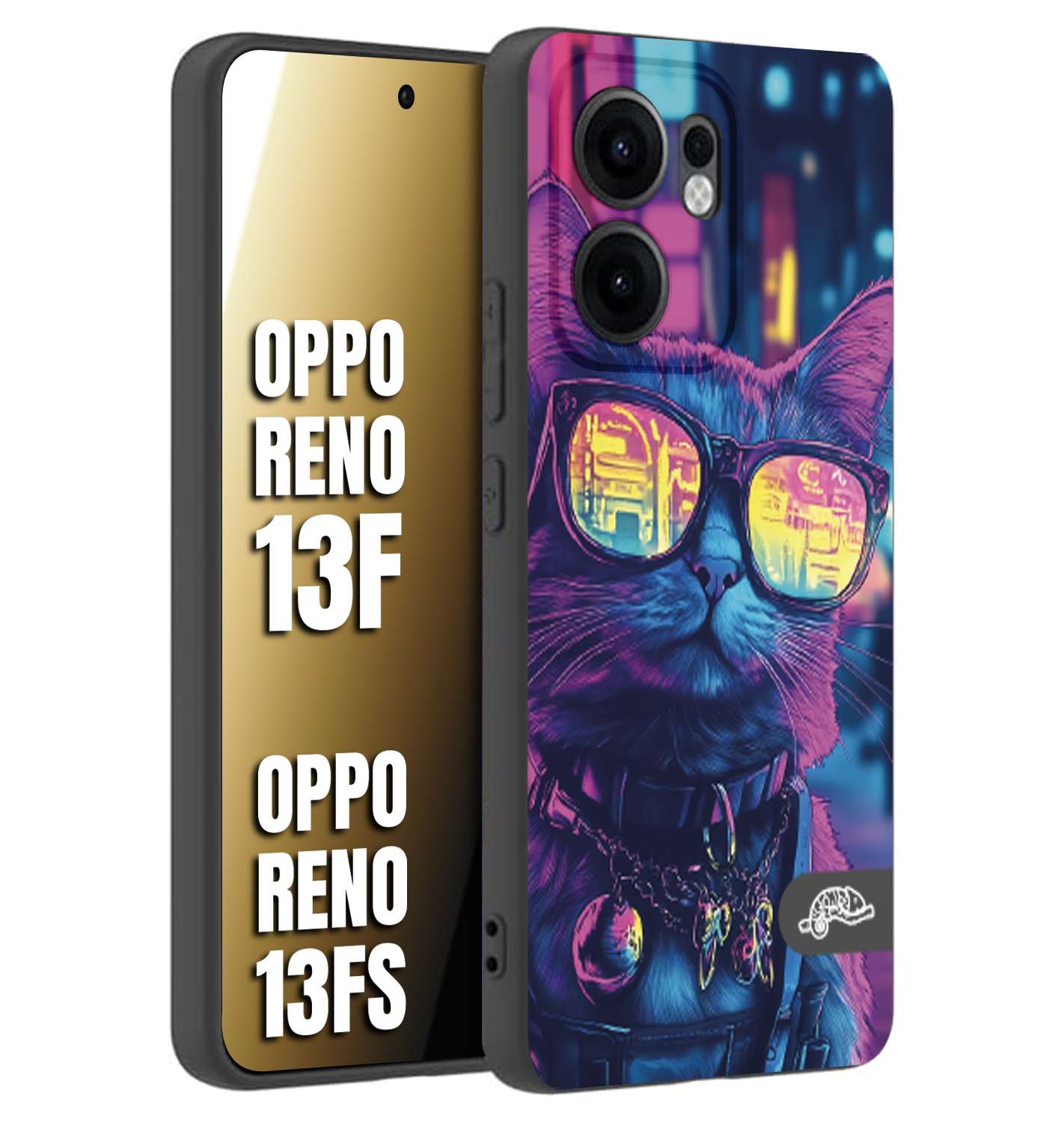 CUSTOMIZZA - Custodia cover nera morbida in tpu compatibile per Oppo Reno 13 F animali cyberpunk gatto street cat fucsia blu giallo
