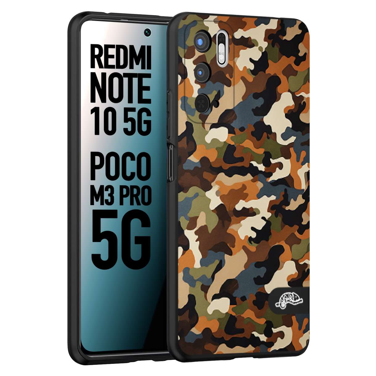 CUSTOMIZZA - Custodia cover nera morbida in tpu compatibile per Xiaomi Redmi Note 10 5G - Poco M3 Pro 5G camouflage mimetico militare moderno blu marrone beige