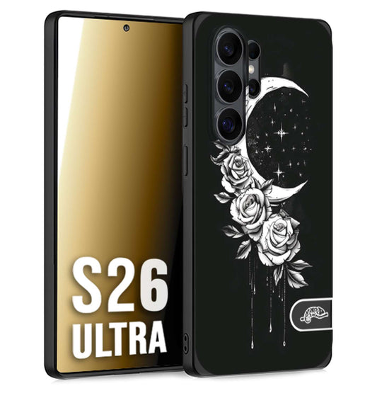 CUSTOMIZZA - Custodia cover nera morbida in tpu compatibile per Samsung S26 ULTRA luna e fiori moon flowers black and white bianco a rilievo disegnato
