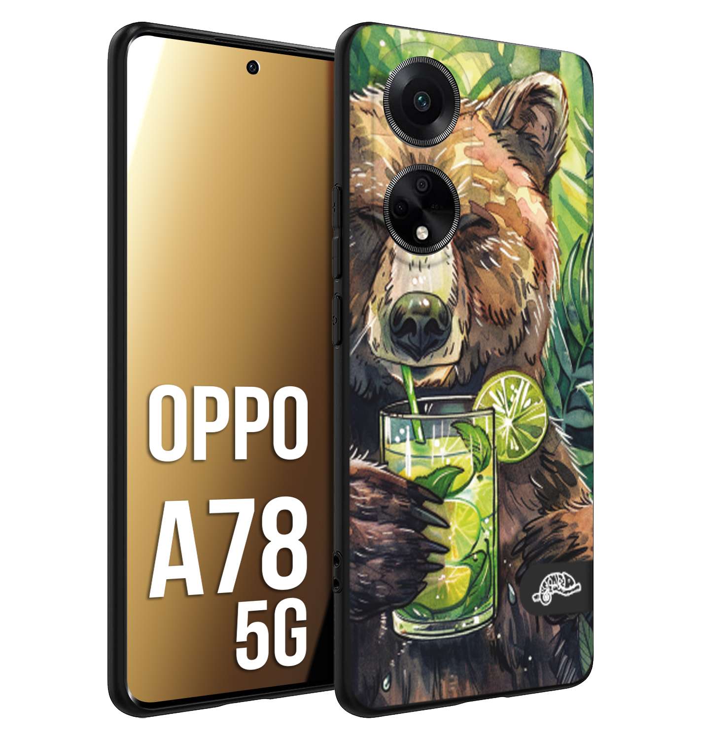 CUSTOMIZZA - Custodia cover nera morbida in tpu compatibile per Oppo A78 5G estate disegnata cocktails animali simpatici orso bear negroni