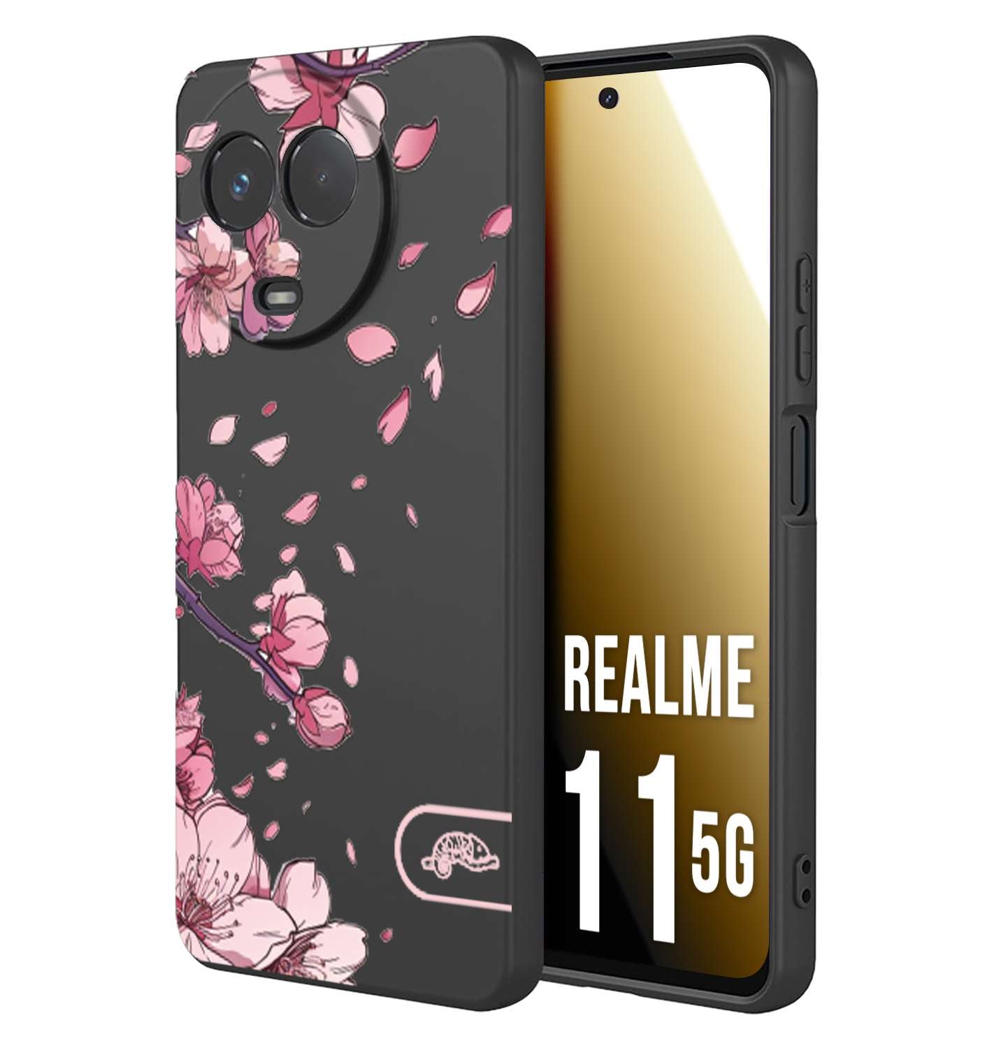 CUSTOMIZZA - Custodia cover nera morbida in tpu compatibile per Oppo Realme 11 5G giapponese fiori di ciliegio in fiore a rilievo disegnata tattoo