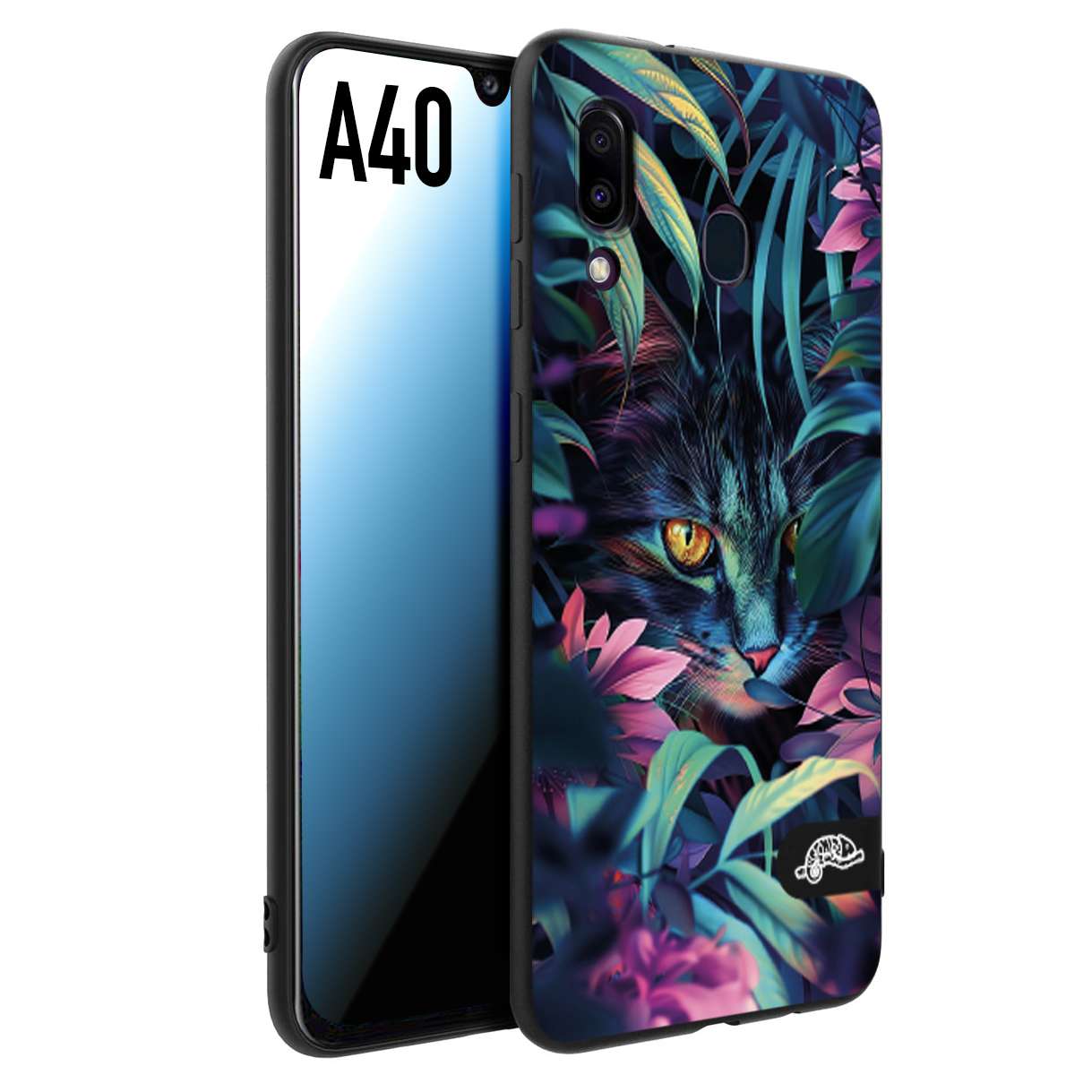CUSTOMIZZA - Custodia cover nera morbida in tpu compatibile per Samsung A40 animali color giungla tropicale occhio di gatto colori vibranti disegnato