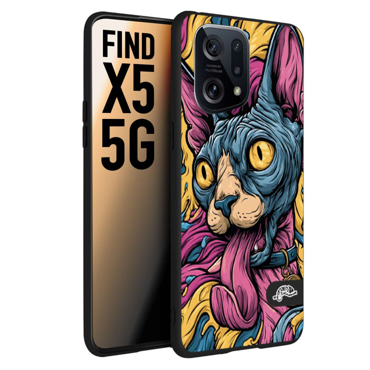 CUSTOMIZZA - Custodia cover nera morbida in tpu compatibile per Oppo Find X5 Sphynx Colorato Pop Art Psichedelico Gatto Blu Rosa Giallo Artistica Fantasy