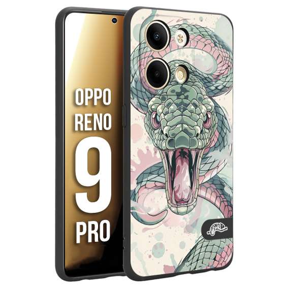 CUSTOMIZZA - Custodia cover nera morbida in tpu compatibile per Oppo Reno 9 PRO snake pink green serpente tatuaggio tattoo disegnato a mano