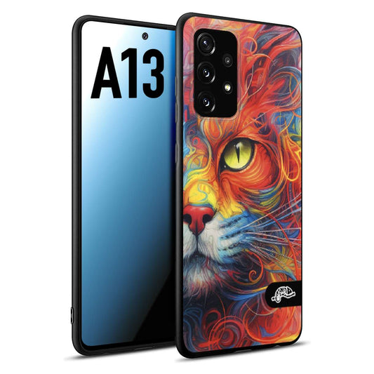 CUSTOMIZZA - Custodia cover nera morbida in tpu compatibile per Samsung A13 animali color cat gatto viso colori vibranti disegnato schizzo