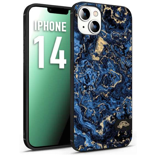 CUSTOMIZZA - Custodia cover nera morbida in tpu compatibile per iPhone 14 effetto marmo marble blu venature dorato psichedelico