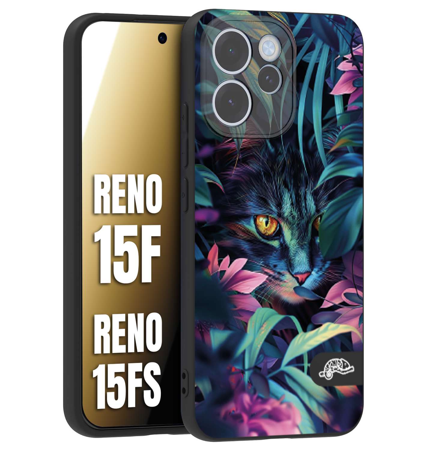 CUSTOMIZZA - Custodia cover nera morbida in tpu compatibile per Oppo Reno 15 F - Reno 15 FS animali color giungla tropicale occhio di gatto colori vibranti disegnato