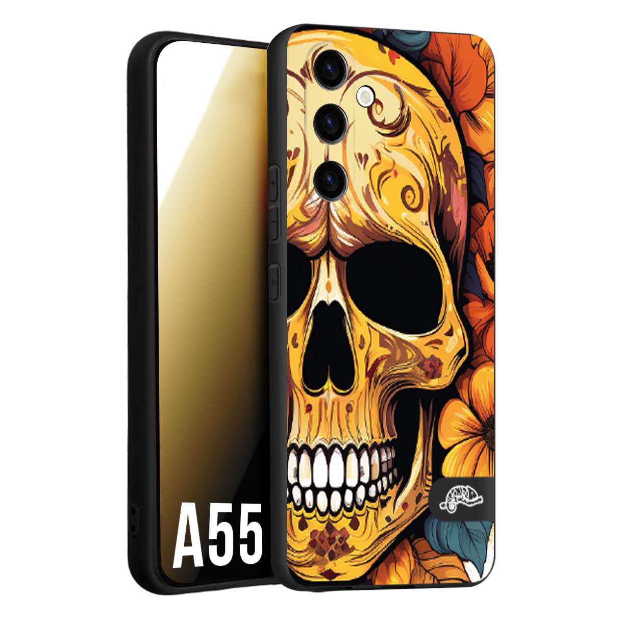 CUSTOMIZZA - Custodia cover nera morbida in tpu compatibile per Samsung A55 5G teschio messicano colorato dorato fiori autunnali disegnato