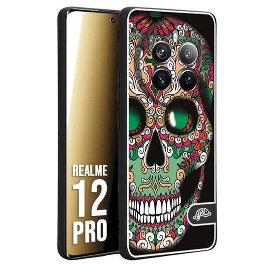 CUSTOMIZZA - Custodia cover nera morbida in tpu compatibile per Realme 12 PRO teschio messicano Mexican skull verde fucsia