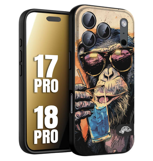 CUSTOMIZZA - Custodia cover nera morbida in tpu compatibile per iPhone 17 PRO - 18 PRO estate disegnata cocktails animali simpatici scimmia monkey negroni