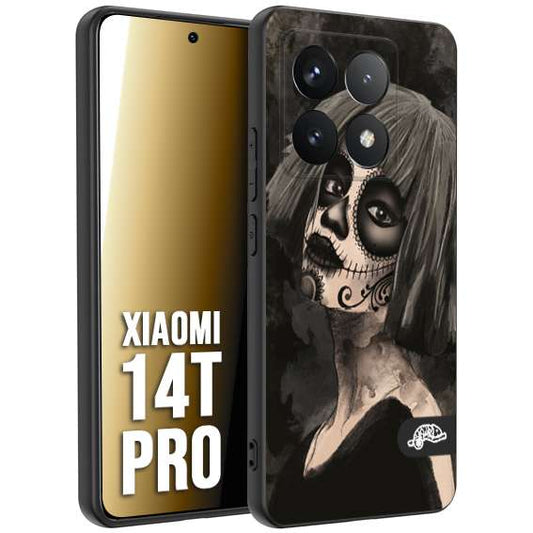 CUSTOMIZZA - Custodia cover nera morbida in tpu compatibile per Xiaomi 14T PRO chicana messicana dea de la muerte donna santa tattoo disegnata