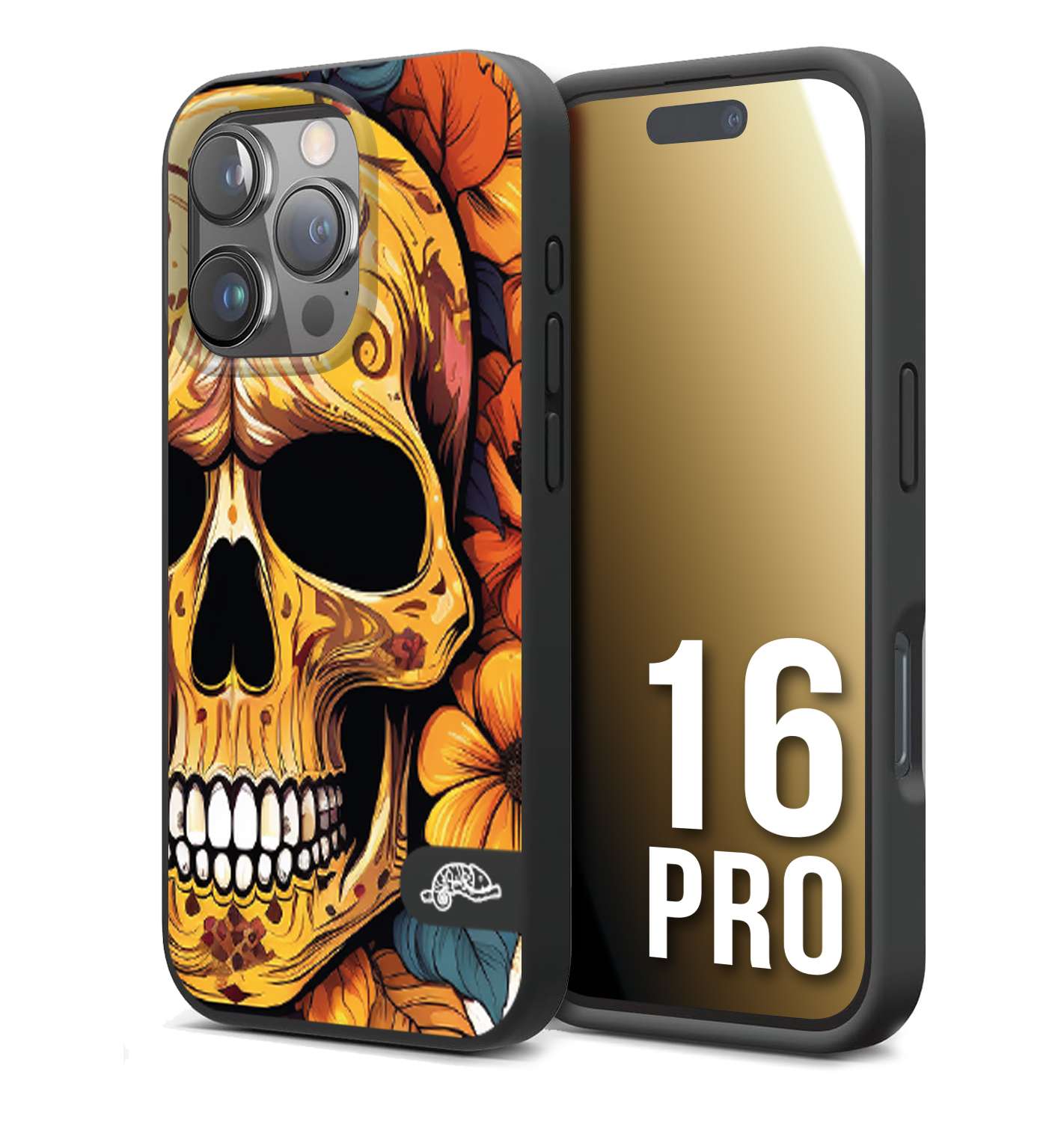 CUSTOMIZZA - Custodia cover nera morbida in tpu compatibile per iPhone 16 PRO teschio messicano colorato dorato fiori autunnali disegnato