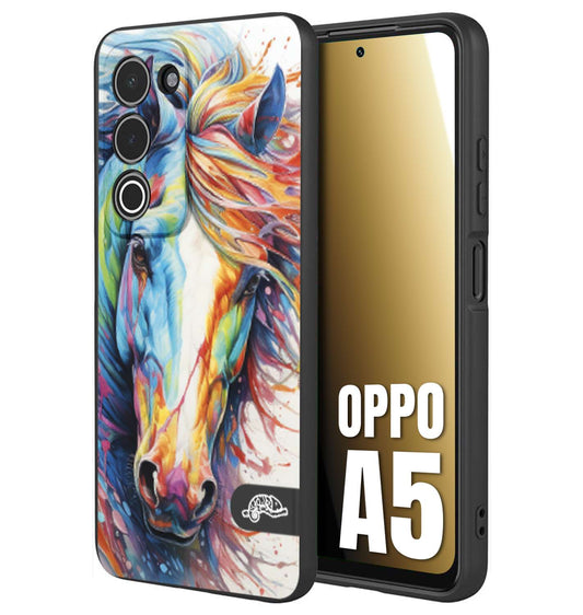 CUSTOMIZZA - Custodia cover nera morbida in tpu compatibile per Oppo A5 animali color cavallo horse viso colori vibranti disegnato schizzo