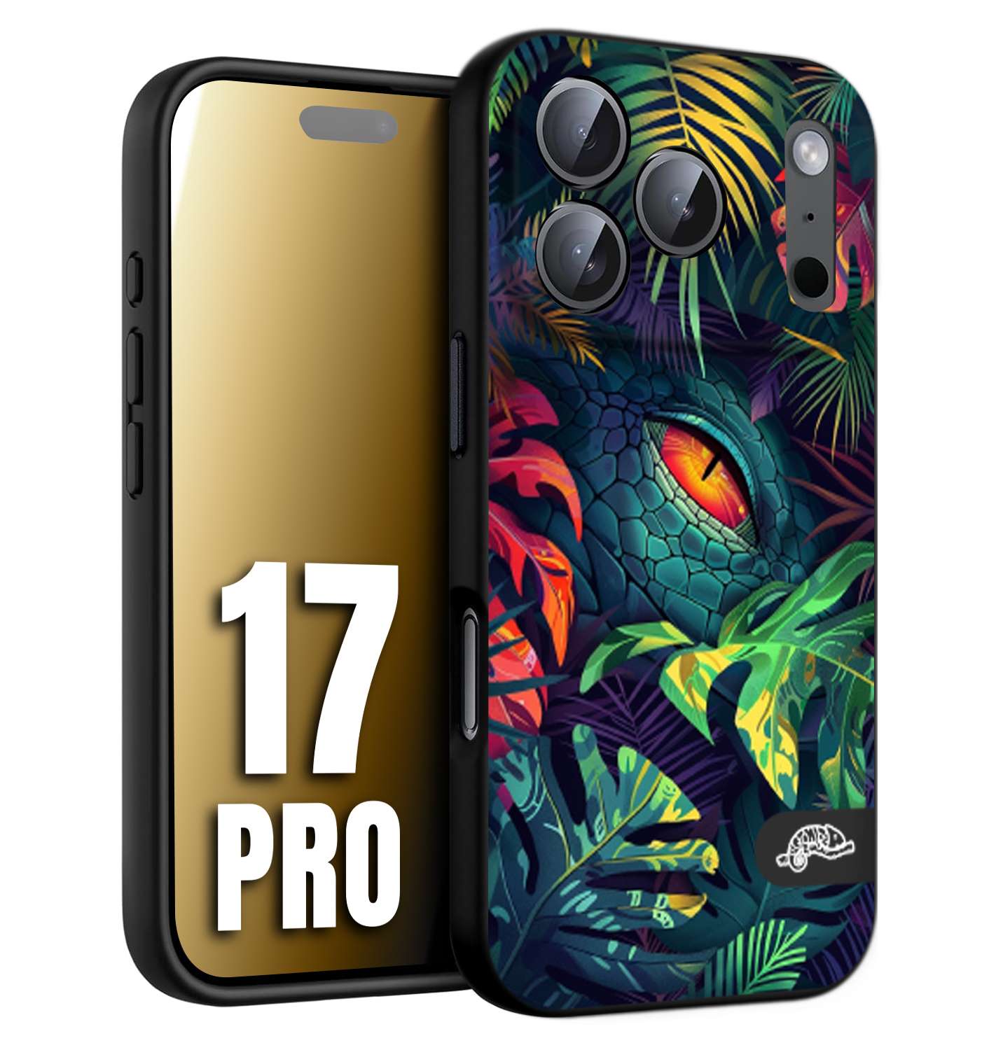 CUSTOMIZZA - Custodia cover nera morbida in tpu compatibile per iPhone 17 PRO animali color giungla tropicale occhio di coccodrillo alligatore disegnato