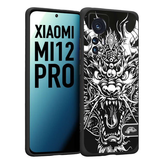 CUSTOMIZZA - Custodia cover nera morbida in tpu compatibile per Xiaomi 12 PRO drago black and white bianco a rilievo disegnato tattoo tatuaggio