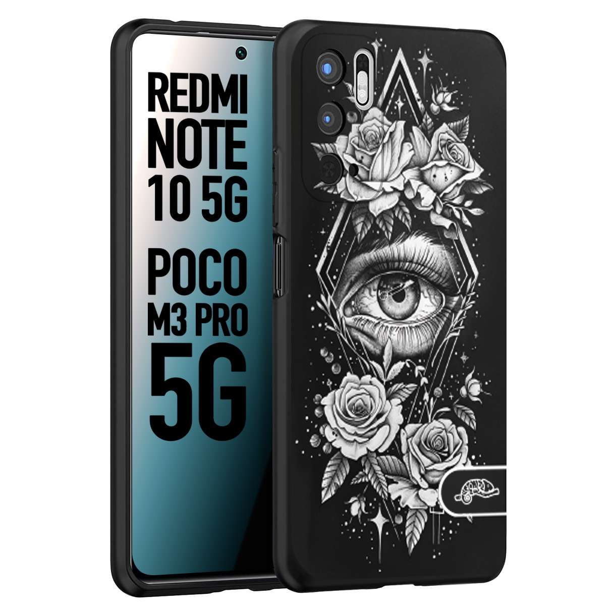 CUSTOMIZZA - Custodia cover nera morbida in tpu compatibile per Xiaomi Redmi Note 10 5G - Poco M3 Pro 5G occhio fiori rombo geometrico black and white bianco a rilievo disegnato tattoo tatuaggio