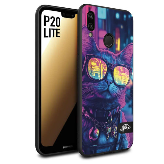 CUSTOMIZZA - Custodia cover nera morbida in tpu compatibile per Huawei P20 LITE animali cyberpunk gatto street cat fucsia blu giallo