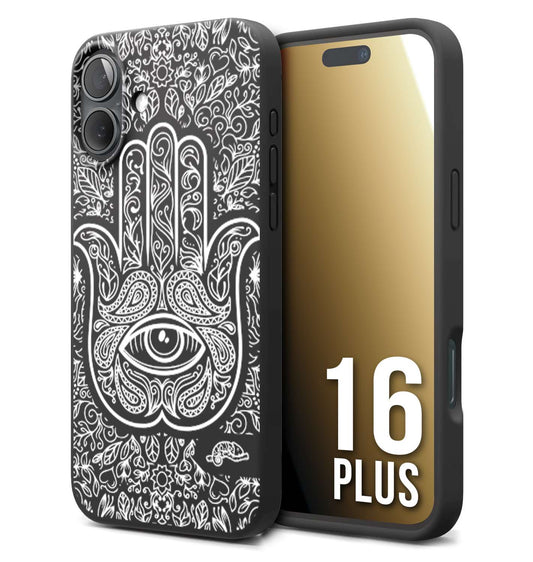 CUSTOMIZZA - Custodia cover nera morbida in tpu compatibile per iPhone 16 PLUS mano di fatima effetto rilievo mandala donna