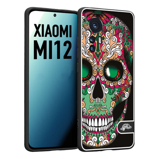 CUSTOMIZZA - Custodia cover nera morbida in tpu compatibile per Xiaomi 12 5G teschio messicano Mexican skull verde fucsia