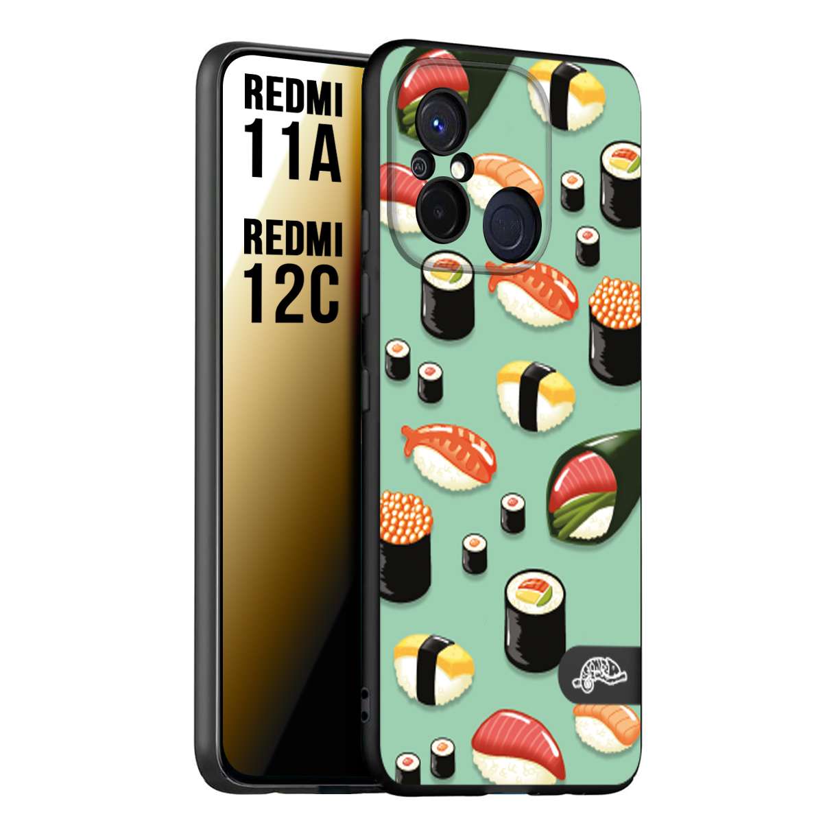 CUSTOMIZZA - Custodia cover nera morbida in tpu compatibile per Xiaomi Redmi 11A - 12C sushi disegni giapponese nighiri acquamarina verde