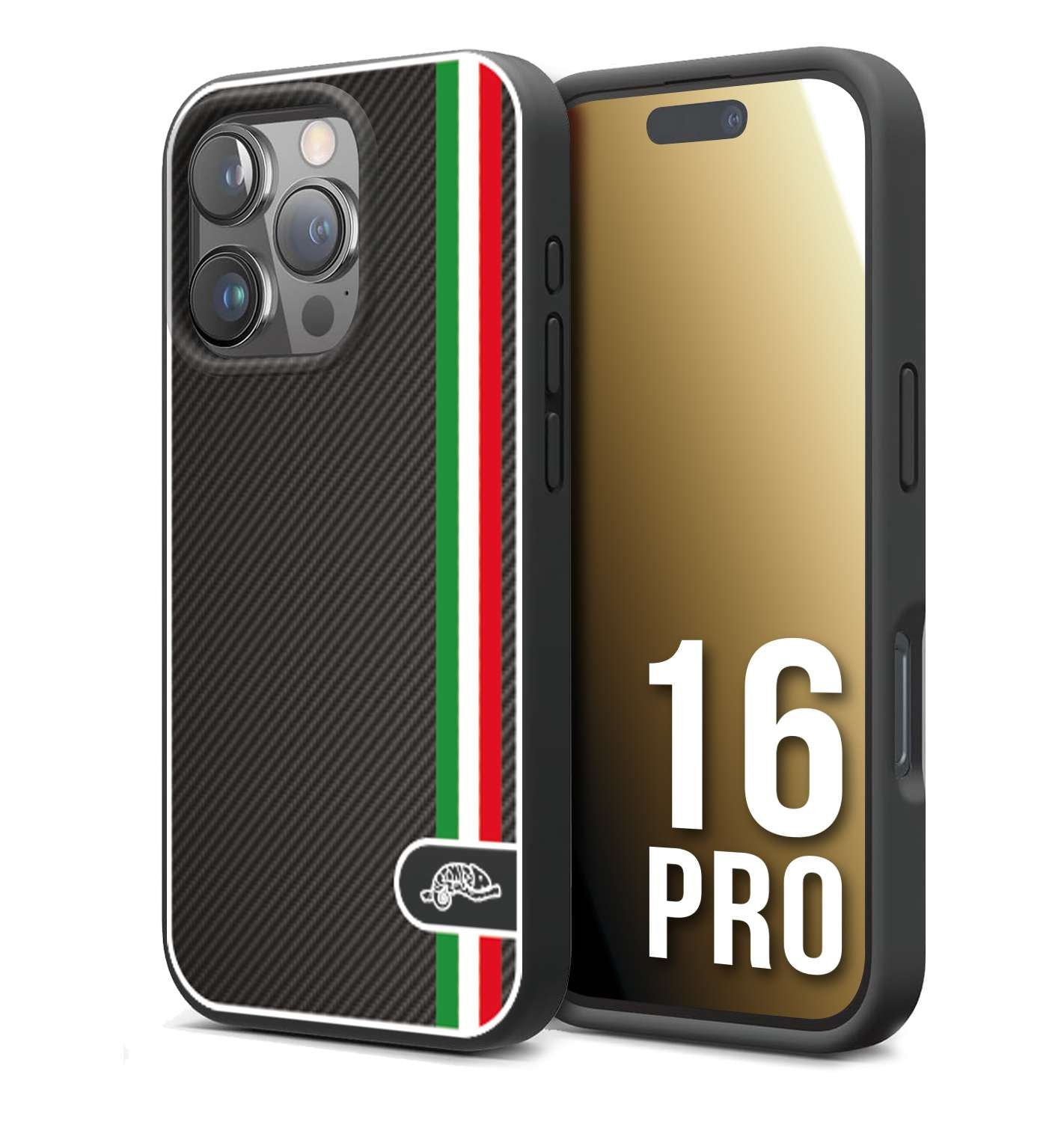 CUSTOMIZZA - Custodia cover nera morbida in tpu compatibile per iPhone 16 PRO effetto fibra di carbonio bandiera Italia made in Italy