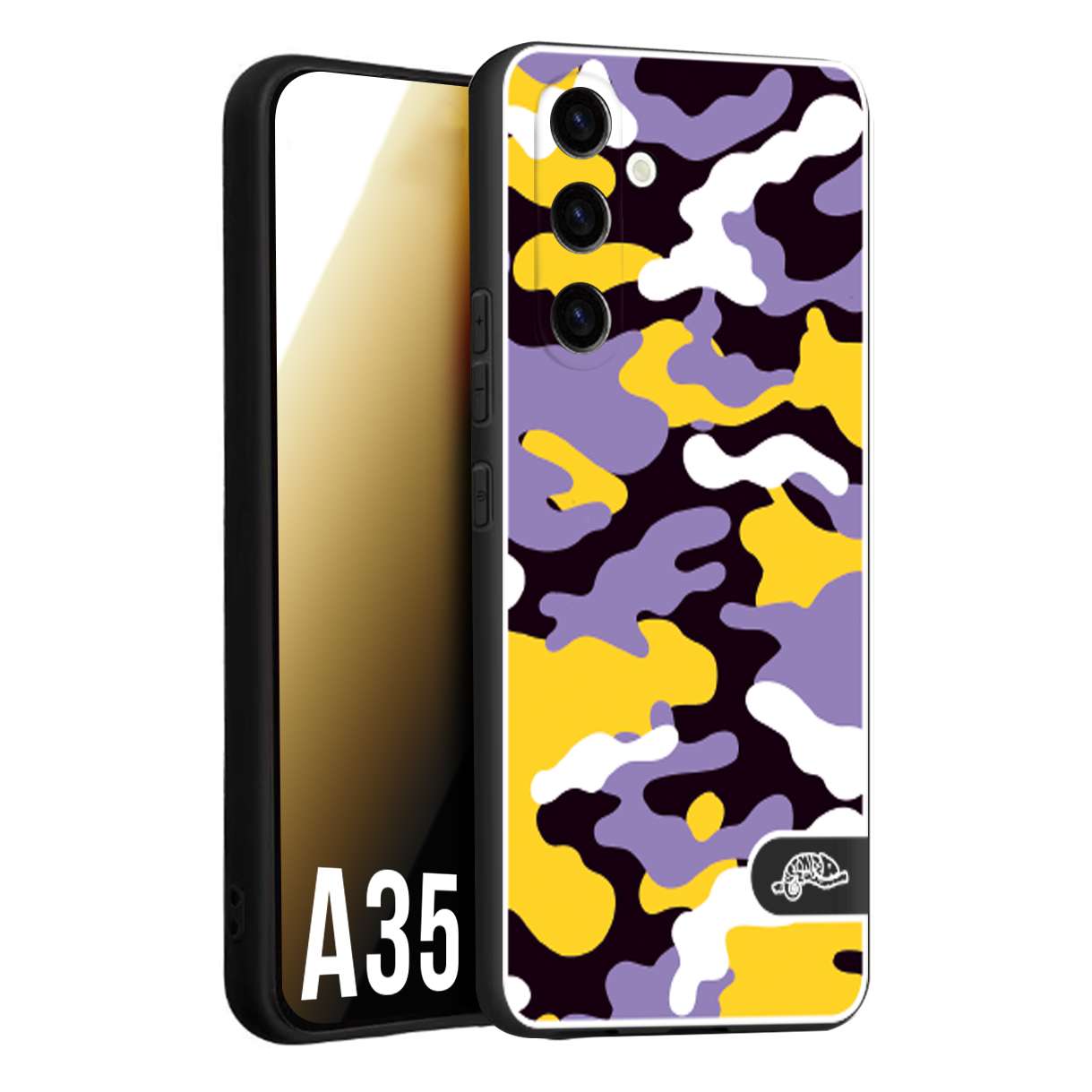 CUSTOMIZZA - Custodia cover nera morbida in tpu compatibile per Samsung A35 5G camouflage mimetico militare viola lilla giallo