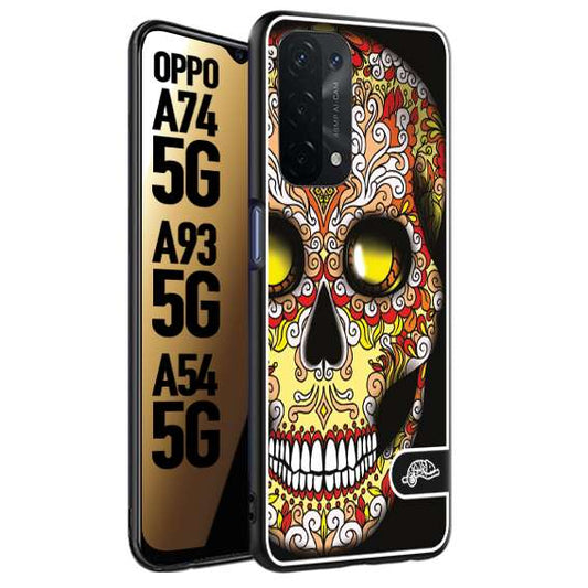 CUSTOMIZZA - Custodia cover nera morbida in tpu compatibile per Oppo A74 5G - A93 5G - A54 5G teschio messicano Mexican skull giallo rosso arancio