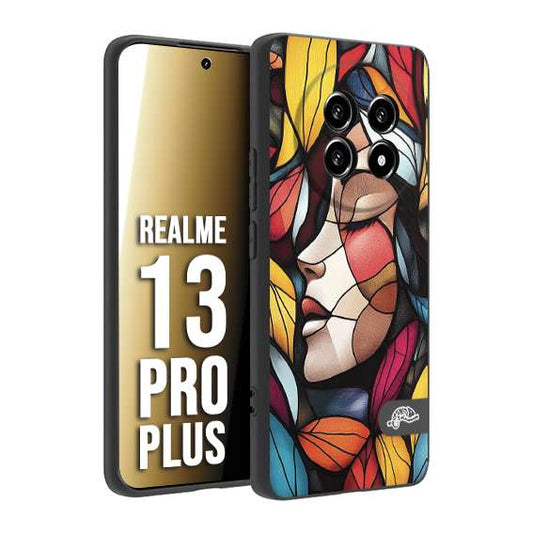 CUSTOMIZZA - Custodia cover nera morbida in tpu compatibile per Realme 13 PRO PLUS Vetrata artistica volto di donna profilo fogliare mosaico di vetro colorato