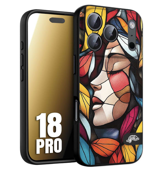 CUSTOMIZZA - Custodia cover nera morbida in tpu compatibile per iPhone 18 PRO Vetrata artistica volto di donna profilo fogliare mosaico di vetro colorato