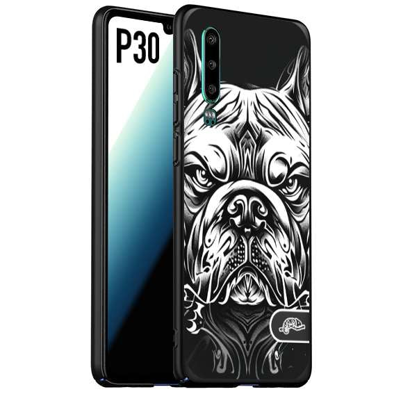 CUSTOMIZZA - Custodia cover nera morbida in tpu compatibile per Huawei P30 bulldog bianco a rilievo disegnato tattoo tatuaggio