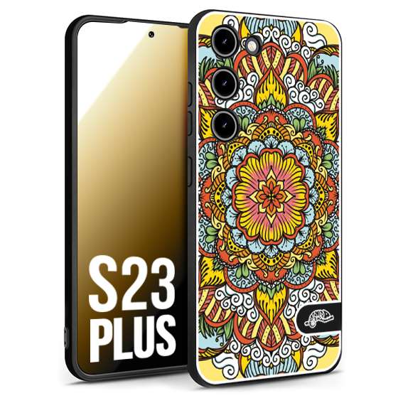 CUSTOMIZZA - Custodia cover nera morbida in tpu compatibile per Samsung S23 PLUS mandala colorato fiore nuvole arancione