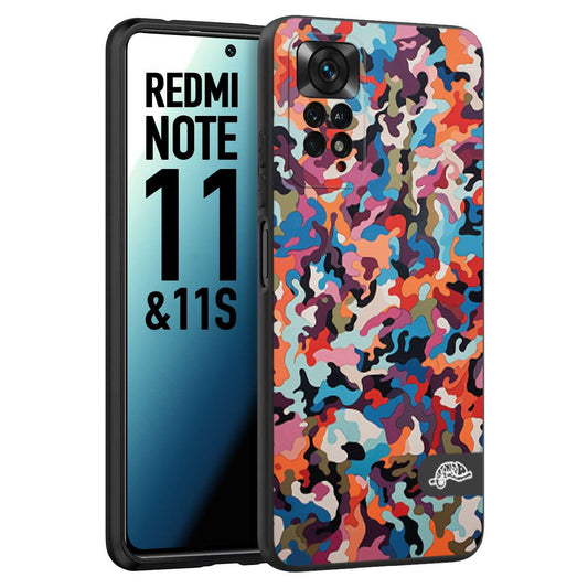 CUSTOMIZZA - Custodia cover nera morbida in tpu compatibile per Xiaomi Redmi Note 11 -  Note 11S camouflage mimetico militare moderno blu arancio rosa