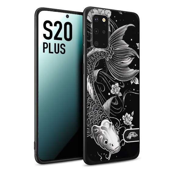 CUSTOMIZZA - Custodia cover nera morbida in tpu compatibile per Samsung S20 PLUS carpa koi black and white bianco a rilievo disegnato tattoo tatuaggio